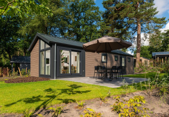 Komfortable Velthorst-Lodge mit Terrasse und Sonnenschirm im Veluwepark de Bosgraaf, Niederlande, im Grünen.