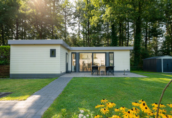 Außenansicht des Comfort Chalet im Veluwepark de Bosgraaf, Niederlande, mit Terrasse und viel Grün.
