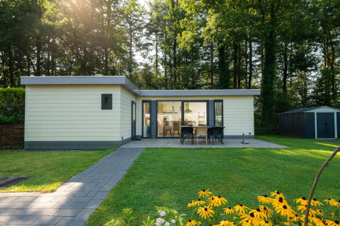 Außenansicht des Comfort Chalet im Veluwepark de Bosgraaf, Niederlande, mit Terrasse und viel Grün.
