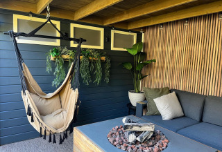 Gemütlicher Loungebereich im Veluwe Chalet mit Hängesessel, Feuerstelle und Pflanzen im Veluwepark de Bosgraaf.