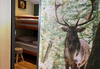 Entrée d’une chambre chaleureuse avec lits superposés et grande fresque de cerf au Veluwe Chalet, Veluwepark de Bosgraaf.
