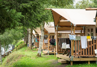 Safari-telt ved Petite Suisse i Belgien med træterrasse og tøj hængende udenfor i grønne omgivelser.