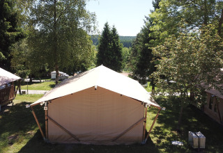 Safari-telt i Petite Suisse, Belgien, omgivet af træer og natur på en solrig dag.