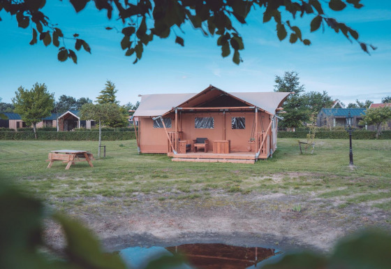Tienda safari Groupaccommodation 'de Blokhut' en Holiday park Eigen Wijze, rodeada de césped y árboles.