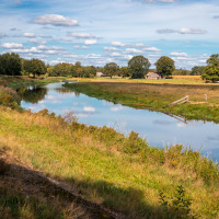 Paisaje de río en parque vacacional con glamping, prados verdes, árboles y cielo azul despejado.