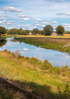 Scenic river landscape in a holiday park with glamping accommodations, grassy meadows, trees and sky.