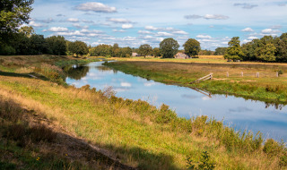 Paisaje de río en parque vacacional con glamping, prados verdes, árboles y cielo azul despejado.