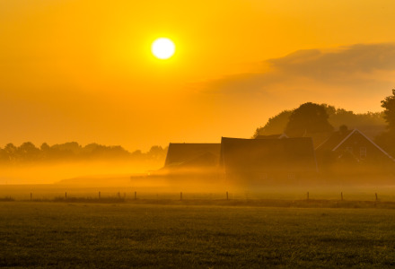 Amanecer sobre un parque vacacional con alojamientos glamping, campos tranquilos y neblina matinal.