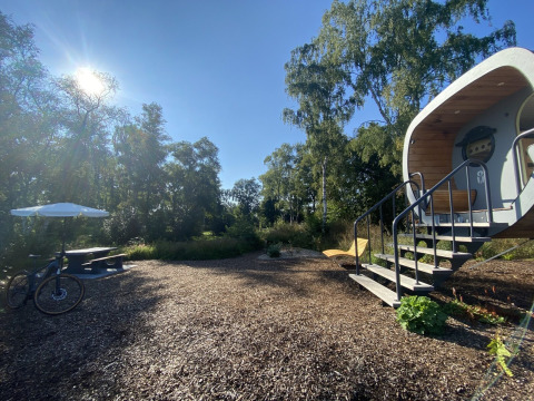 Zonnige dag bij Holiday Park 't Rheezerwold in Overijssel met moderne accommodatie, fietsen en picknicktafel.