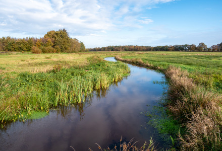 Río serpenteando por praderas verdes cerca de un parque vacacional con alojamientos glamping.