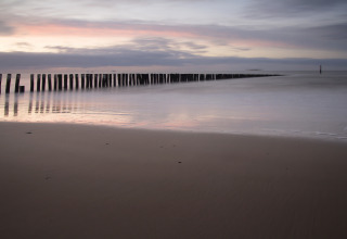 Ruhiger Strand bei Sonnenuntergang nahe Tholen, Zeeland, Niederlande, mit Pfählen im Wasser und sanften Farben.