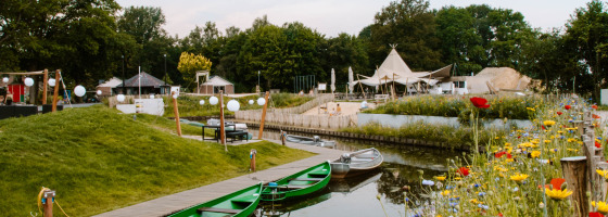 Wilde bloemen en boten aan een rustig kanaal bij Holiday Park Mölke, Overijssel, Nederland in de zomer.