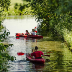Familien fahren in roten Kajaks durch einen grünen Kanal im Holiday Park Mölke in Overijssel, Niederlande.