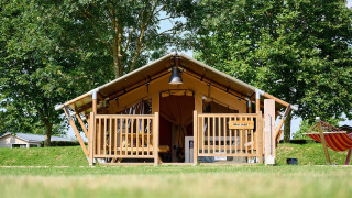 Safaritent met houten terras en hangmat op het gras, omgeven door groene bomen op een zonnige dag.