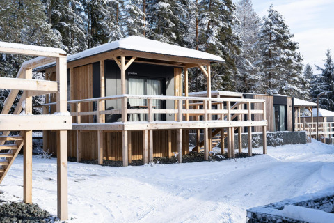 Træhytter i sneklædt Edelweiss lodge med glasfacader, hævet terrasse og skov i baggrunden.