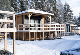 Træhytter i sneklædt Edelweiss lodge med glasfacader, hævet terrasse og skov i baggrunden.