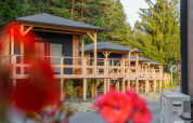Cabanes en bois sur pilotis au lodge Edelweiss, entourées d’arbres verts et de fleurs au premier plan.