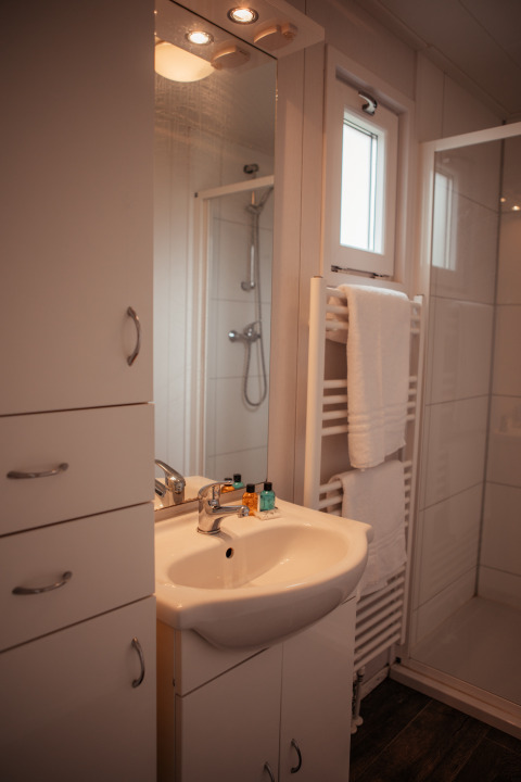 Baño moderno con lavabo y ducha en el Luxury Chalet de Recreatiepark De Achterste Hoef, Países Bajos.