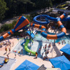 Aerial view of the waterpark at Kampeerdorp de Zandstuve with slides and pools, Overijssel, Netherlands.