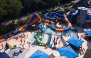 Aerial view of the waterpark at Kampeerdorp de Zandstuve with slides and pools, Overijssel, Netherlands.