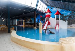 Parco acquatico coperto con scivoli e piscina al Kampeerdorp de Zandstuve, villaggio vacanze in Overijssel, Paesi Bassi.