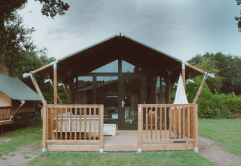 Safari telt Tiny Safari House med terrasse i ferieparken De Boshoek, Holland, omgivet af grønt.