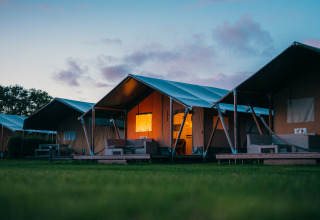 Safari tents at Holiday Park De Boshoek in the Netherlands during dusk, warmly lit, on a grassy lawn.