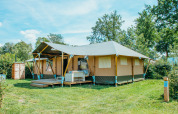 Safari Villa teltovernatning i Holiday park De Boshoek, Holland, set i solrigt grønt landskab.