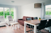 Moderne woonkamer in Veluwelodge bij vakantiepark De Boshoek, Nederland, met lichte en ruime inrichting.