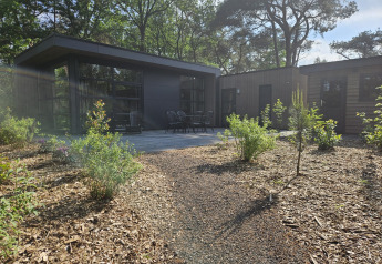 Udendørs billede af Forest Park Chalet på Holiday Park De Kleine Belties i Holland med moderne trædesign.