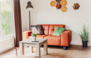 Stilfuld opholdsstue i Veluwe lodge + sauna i De Boshoek, Holland, med orange sofa og træborde.