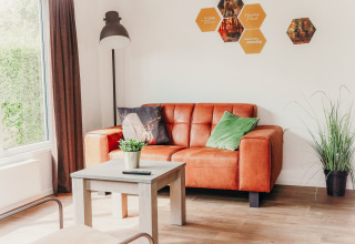 Gezellige woonkamer in Veluwe lodge + sauna op Vakantiepark De Boshoek, Nederland, met oranje bank.