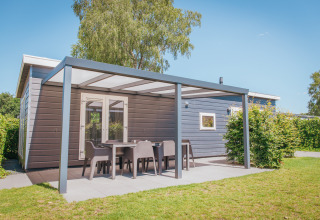 Modern lodge ved Holiday park De Boshoek i Holland med overdækket terrasse og havemøbler på græsplæne