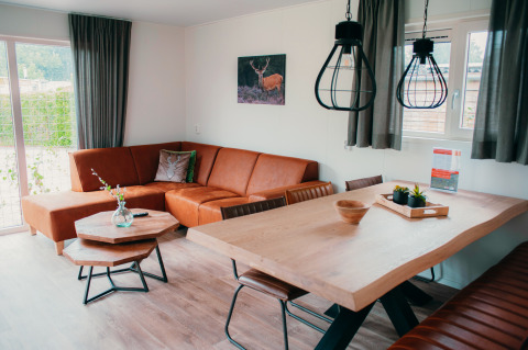 Woonruimte met leren hoekbank, houten tafel en moderne lampen in Veluwelodge XL in vakantiepark De Boshoek.