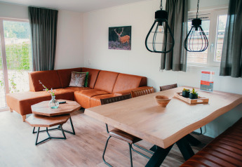 Salon avec canapé en cuir, table en bois et suspension moderne à Veluwelodge XL au parc De Boshoek, Pays-Bas.