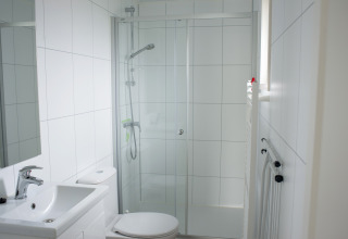 Moderne badeværelse med brusekabine, håndvask og toilet på Veluwelodge XL, Holiday park De Boshoek, Holland.