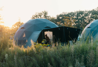 Round Holly Tent in Holiday Park Sallandshoeve, Nederland, omringd door natuur tijdens zonsondergang.