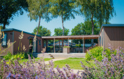 Zonnig uitzicht op de Family Lodge op Vakantiepark De Boshoek in Nederland, met terras en veel groen.