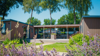 Sonniger Blick auf die Family Lodge im Ferienpark De Boshoek in den Niederlanden mit Terrasse und Gärten.
