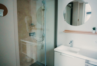 Modern bathroom with shower, round mirror, sink, small plant at Family Lodge in Holiday park De Boshoek, Netherlands.