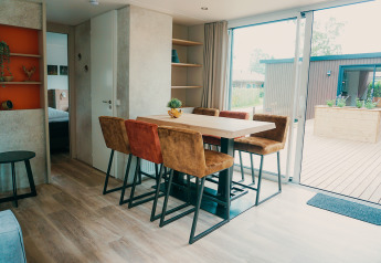 Dining area at Family Lodge in Holiday park De Boshoek, Netherlands, with modern furniture and patio view.