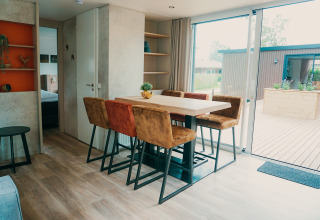 Essbereich in der Family Lodge im Ferienpark De Boshoek in den Niederlanden mit modernen Möbeln und Terrassenblick.