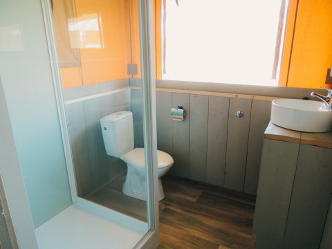 Badkamer in Safari House met toilet, lavabo en douche bij vakantiepark De Boshoek, Nederland.