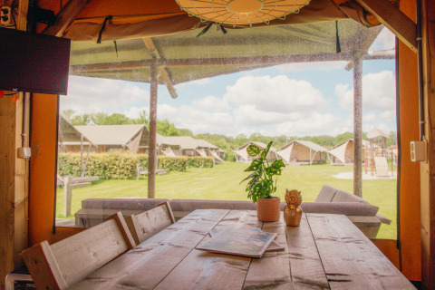 Blick aus einer Luxussafari-Lodge mit Holztisch und Pflanze im Ferienpark De Boshoek in den Niederlanden.