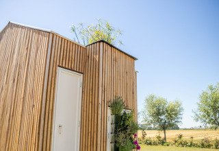 Houten lodge met groen dak en witte deur bij Het Eilandhuis, 7Huizen aan Zee, Nederland, op een zonnige dag.