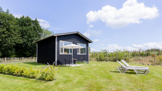 Zwart tiny house met terras en ligzetels op een grasveld onder een blauwe lucht met witte wolken.
