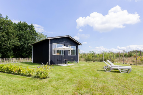 Pequeña casa negra con terraza y tumbonas sobre césped verde bajo un cielo azul con nubes.