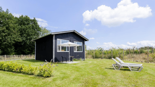 Black tiny house with patio and lounge chairs on a green lawn under a blue sky with clouds.