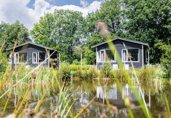Two Tiny House XL cabins by a pond with lush greenery at The Kremmer in the Netherlands on a sunny day.