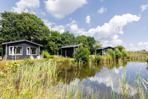 Drei schwarze Tiny Houses am Teich, umgeben von Natur und Bäumen, unter blauem Himmel in den Niederlanden.